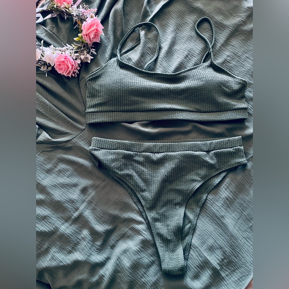 Olive Green Textured Bikini Set